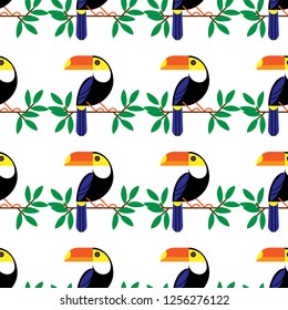 Seamless colorful painted cartoon toucan pattern. Summer background. Vector illustration on white background.