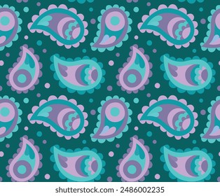 Seamless colorful paisley pattern in purple and green blue colors. Vector background in flat style	