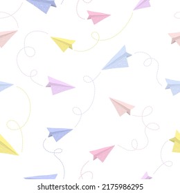 Seamless colorful paper planes pattern. Vector doodle illustration.