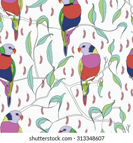 Seamless colorful parrots pattern with eucalyptus leaves an feathers. Vector . On white background