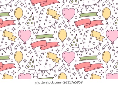 A seamless colorful party pattern with festive decorations such as garlands, stars, balloons, and confetti. Perfect for wrapping paper, invitations, event backgrounds, and birthday designs.