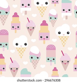 Seamless colorful pastel popsicle adorable kawaii summer candy lollipop ice cream illustration background pattern in vector