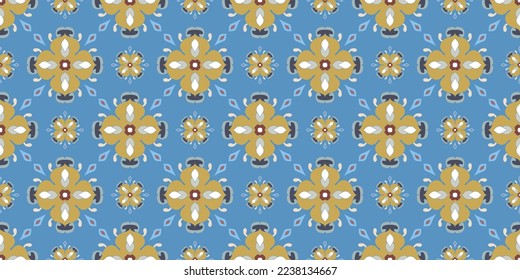 Seamless colorful patchwork from Azulejo tiles. Portuguese and Spain decor. Islam, Arabic, Indian, Ottoman motif. Vector Hand drawn background