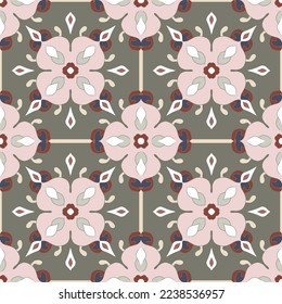 Seamless colorful patchwork from Azulejo tiles. Portuguese and Spain decor. Islam, Arabic, Indian, Ottoman motif. Vector Hand drawn background