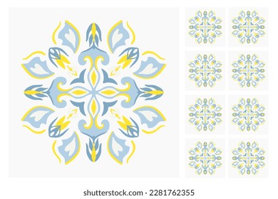 Manchas de colores sin inconfundibles de azulejos de Azulejo. Decoración portuguesa y española. Islam, árabe, indio, motivo otomano. Fondo dibujado por la mano del vector