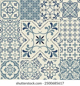 Seamless colorful patchwork from Azulejo tiles. Collection of ceramic tiles in turkish style. Portuguese and Spain decor. Islam, Arabic, Indian, Ottoman motif. Vector Hand drawn background