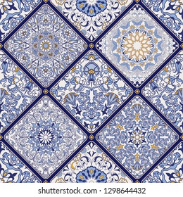 Seamless colorful patchwork. Azulejos tiles patchwork. Majolica pottery tile, blue, yellow azulejo. Original traditional Portuguese and Spain decor. Islam, Arabic, Indian, Ottoman motifs