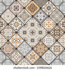 Seamless colorful patchwork. Hand drawn background. Azulejos tiles patchwork. Traditional ornate Portuguese and Spanish decorative tiles azulejos. Abstract background. Ceramic tiles. Vector