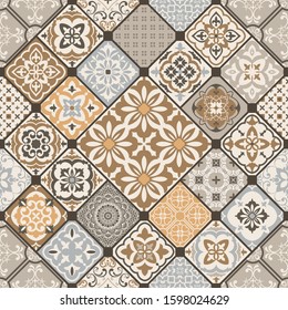 Seamless colorful patchwork. Hand drawn background. Azulejos tiles patchwork. Traditional ornate Portuguese and Spanish decorative tiles azulejos. Abstract background. Ceramic tiles. Vector