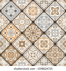 Seamless colorful patchwork. Hand drawn background. Azulejos tiles patchwork. Traditional ornate Portuguese and Spanish decorative tiles azulejos. Abstract background. Ceramic tiles. Vector 