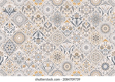 Seamless colorful patchwork. Hand drawn background. Azulejos tiles patchwork. Traditional ornate Portuguese and Spanish decorative tiles azulejos. Abstract background. Ceramic tiles. Vector