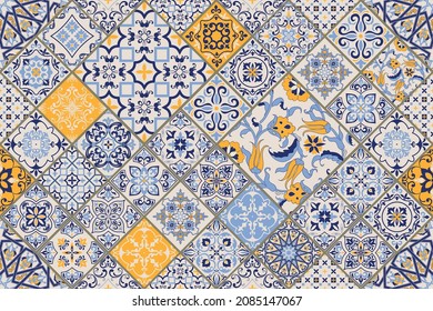 Seamless colorful patchwork. Hand drawn background. Azulejos tiles patchwork. Traditional ornate Portuguese and Spanish decorative tiles azulejos. Abstract background. Ceramic tiles. Vector