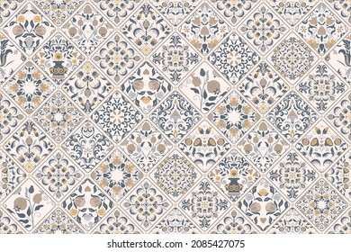 Seamless colorful patchwork. Hand drawn background. Azulejos tiles patchwork. Traditional ornate Portuguese and Spanish decorative tiles azulejos. Abstract background. Ceramic tiles. Vector