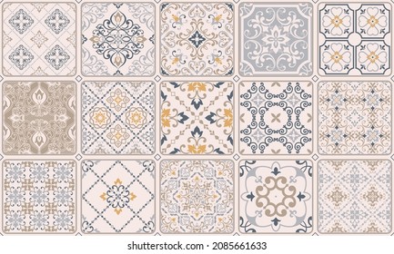 Seamless colorful patchwork. Hand drawn background. Azulejos tiles patchwork. Traditional ornate Portuguese and Spanish decorative tiles azulejos. Abstract background. Ceramic tiles. Vector