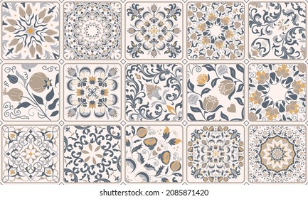 Seamless colorful patchwork. Hand drawn background. Azulejos tiles patchwork. Traditional ornate Portuguese and Spanish decorative tiles azulejos. Abstract background. Ceramic tiles. Vector