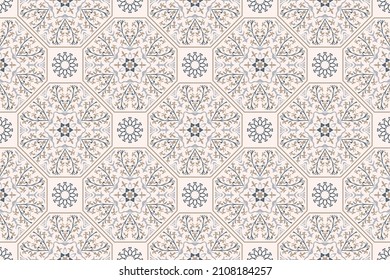 Seamless colorful patchwork. Hand drawn pattern in eastern style. Traditional ornate Portuguese and Spanish decorative tiles azulejos. Perfect for printing on fabric or paper, ceramic tile. Vetor