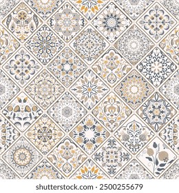 Seamless colorful patchwork. Hand drawn background. Azulejos tiles patchwork. Traditional ornate Portuguese and Spanish decorative tiles azulejos. Abstract background. Ceramic tiles. Vector