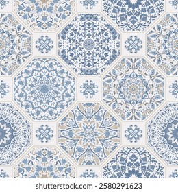 Seamless colorful patchwork. Hand drawn background. Azulejos tiles patchwork. Traditional ornate Portuguese and Spanish decorative tiles azulejos. Abstract background. Ceramic tiles. Vector