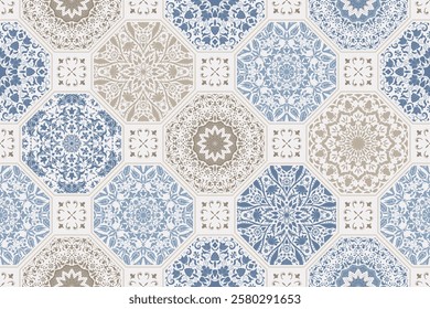 Seamless colorful patchwork. Hand drawn background. Azulejos tiles patchwork. Traditional ornate Portuguese and Spanish decorative tiles azulejos. Abstract background. Ceramic tiles. Vector