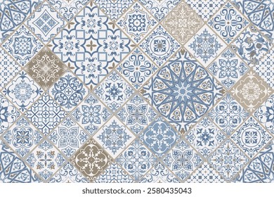 Seamless colorful patchwork. Hand drawn background. Azulejos tiles patchwork. Traditional ornate Portuguese and Spanish decorative tiles azulejos. Abstract background. Ceramic tiles. Vector