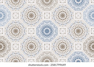 Seamless colorful patchwork. Hand drawn background. Azulejos tiles patchwork. Traditional ornate Portuguese and Spanish decorative tiles azulejos. Abstract background. Ceramic tiles. Vector