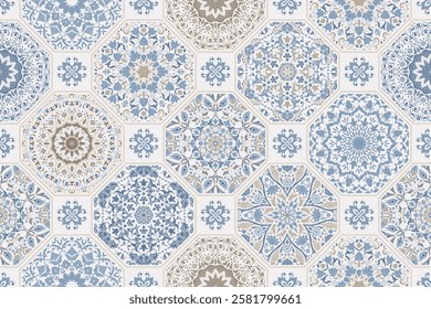 Seamless colorful patchwork. Hand drawn background. Azulejos tiles patchwork. Traditional ornate Portuguese and Spanish decorative tiles azulejos. Abstract background. Ceramic tiles. Vector