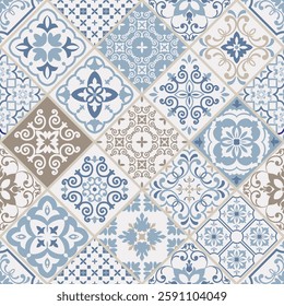 Seamless colorful patchwork. Hand drawn background. Azulejos tiles patchwork. Traditional ornate Portuguese and Spanish decorative tiles azulejos. Abstract background. Ceramic tiles. Vector