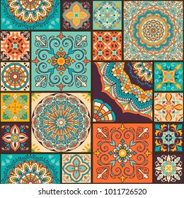 Seamless colorful patchwork tile with Islam, Arabic, Indian, ottoman motifs. Majolica pottery tile. Portuguese and Spain decor. Vector illustration