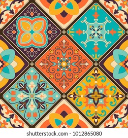 Seamless colorful patchwork tile with Islam, Arabic, Indian, ottoman motifs. Majolica pottery tile. Portuguese and Spain decor. Vector illustration