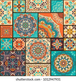 Seamless colorful patchwork tile with Islam, Arabic, Indian, ottoman motifs. Majolica pottery tile. Portuguese and Spain decor. Ceramic tile in talavera style. Vector illustration