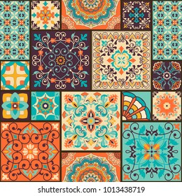 Seamless colorful patchwork tile with Islam, Arabic, Indian, ottoman motifs. Majolica pottery tile. Portuguese and Spain decor. Ceramic tile in talavera style. Vector illustration