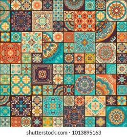 Seamless colorful patchwork tile with Islam, Arabic, Indian, ottoman motifs. Majolica pottery tile. Portuguese and Spain decor. Ceramic tile in talavera style. Vector illustration.