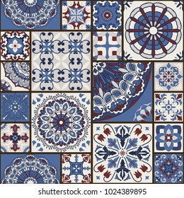 Seamless colorful patchwork tile with Islam, Arabic, Indian, ottoman motifs. Majolica pottery tile. Portuguese and Spain decor. Ceramic tile in talavera style. Vector illustration