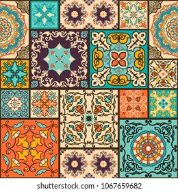 Seamless colorful patchwork tile with Islam, Arabic, Indian, ottoman motifs. Majolica pottery tile. Portuguese and Spain decor. Ceramic tile in talavera style. Vector illustration