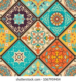 Seamless colorful patchwork tile with Islam, Arabic, Indian, ottoman motifs. Majolica pottery tile. Portuguese and Spain decor. Vector illustration