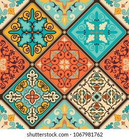 Seamless colorful patchwork tile with Islam, Arabic, Indian, ottoman motifs. Majolica pottery tile. Portuguese and Spain decor. Vector illustration