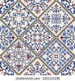 Baldosas de mosaico sin color con motivos islámicos, árabes, indios, otomanos. Baldosa de cerámica mallónica. Decoración portuguesa y española. Baldosa cerámica al estilo talavera. Ilustración del vector