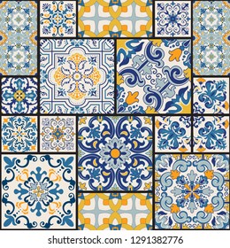 Seamless colorful patchwork tile with Islam, Arabic, Indian, ottoman motifs. Majolica pottery tile. Portuguese and Spain azulejo. Ceramic tile in talavera style. Vector illustration