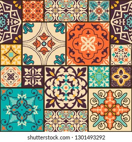 Carrelage harmonieux et coloré en mosaïque avec islam, arabe, indien, motifs ottomans. Tuile de céramique de Majolica. Décoration portugaise et espagnole. Tuiles en céramique de style talavera.Illustration vectorielle.