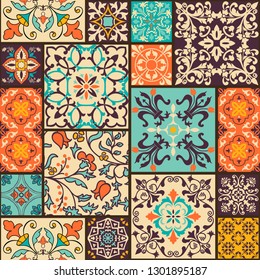 Seamless colorful patchwork tile with Islam, Arabic, Indian, ottoman motifs. Majolica pottery tile. Portuguese and Spain decor. Ceramic tile in talavera style. Vector illustration.