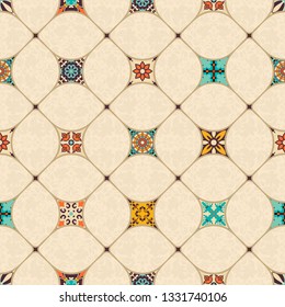 Seamless colorful patchwork tile with Islam, Arabic, Indian, Ottoman motifs. Majolica pottery tile. Portuguese and Spain decor. Azulejo. Ceramic tile in talavera style. Mosaic tile