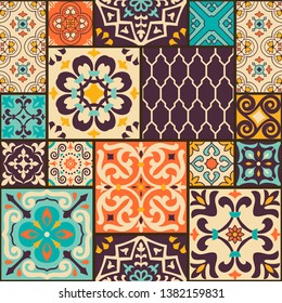 Seamless colorful patchwork tile with Islam, Arabic, Indian, ottoman motifs. Majolica pottery tile. Portuguese and Spain decor. Ceramic tile in talavera style. Vector illustration.