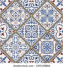 Seamless colorful patchwork tile with Islam, Arabic, Indian, ottoman motifs. Majolica pottery tile. Portuguese and Spain decor. Ceramic tile in talavera style. Vector illustration.