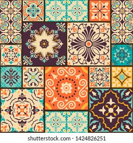 Seamless colorful patchwork tile with Islam, Arabic, Indian, ottoman motifs. Majolica pottery tile. Portuguese and Spain decor. Ceramic tile in talavera style. Vector illustration.