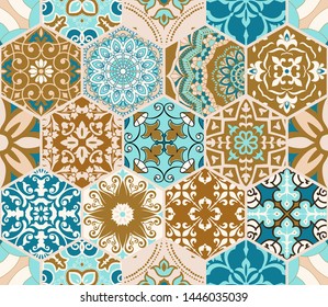 Seamless colorful patchwork tile with Islam, Arabic, Indian, ottoman motifs. Majolica pottery tile. Portuguese and Spain decor. Gaudi mosaic. Ceramic tile in talavera style. Vector illustration