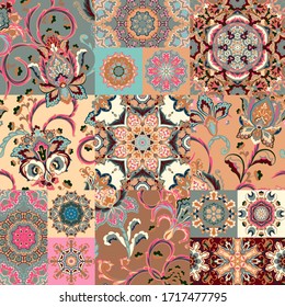 Baldosas de mosaico sin color con motivos islámicos, árabes, indios, otomanos. Baldosa de cerámica mallónica. Decoración portuguesa y española. Baldosa cerámica al estilo talavera. Ilustración del vector