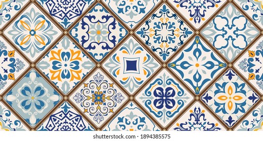 Seamless colorful patchwork tile with Islam, Arabic, Indian, ottoman motifs. Majolica pottery tile. Portuguese and Spain decor. Ceramic tile in talavera style. Vector illustration. - Shutterstock ID 1894385575