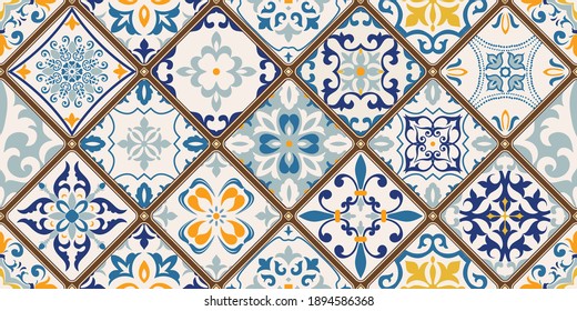 Seamless colorful patchwork tile with Islam, Arabic, Indian, ottoman motifs. Majolica pottery tile. Portuguese and Spain decor. Ceramic tile in talavera style. Vector illustration.