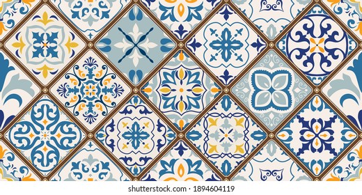 Seamless colorful patchwork tile with Islam, Arabic, Indian, ottoman motifs. Majolica pottery tile. Portuguese and Spain decor. Ceramic tile in talavera style. Vector illustration.
