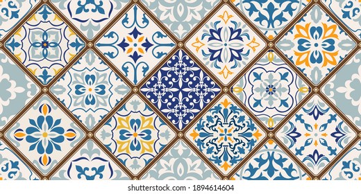 Seamless colorful patchwork tile with Islam, Arabic, Indian, ottoman motifs. Majolica pottery tile. Portuguese and Spain decor. Ceramic tile in talavera style. Vector illustration.